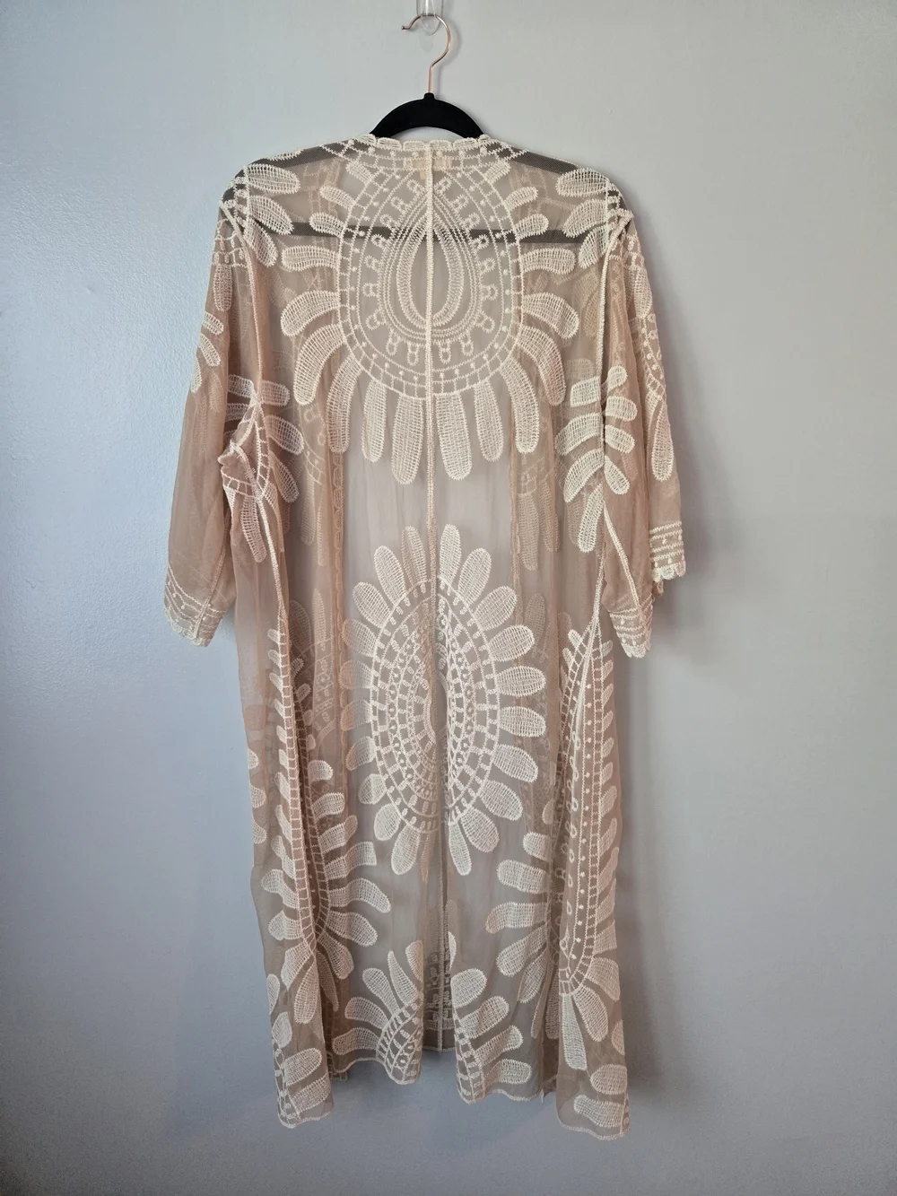 Rebellion Again Beige Lace Medallion Kimono Cardigan Duster Large Boho Sheer